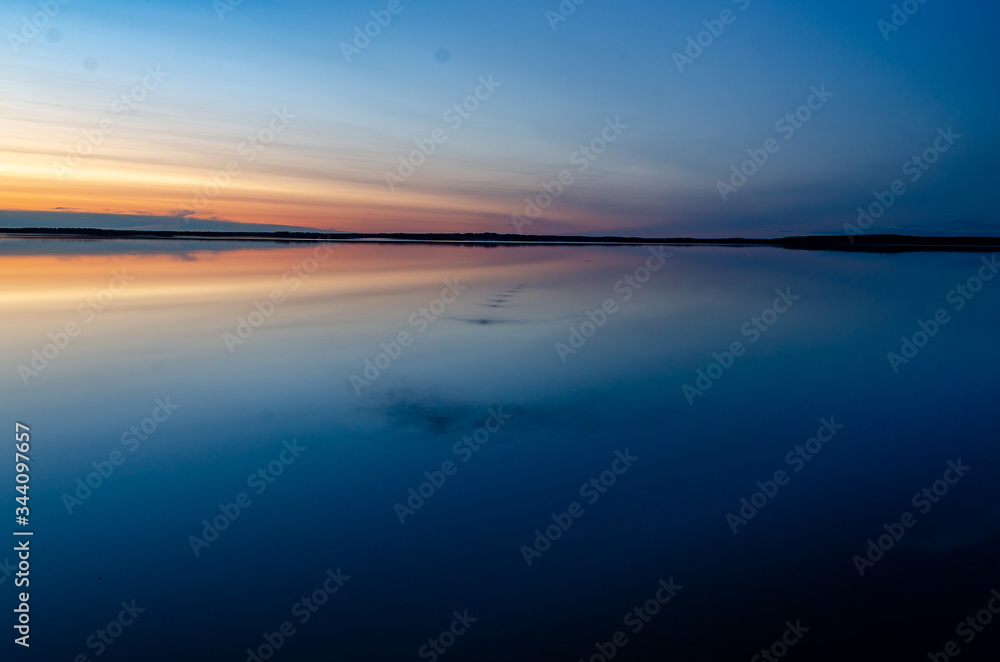Russia, Republic of Karelia, Tunguda river, sunset, calm