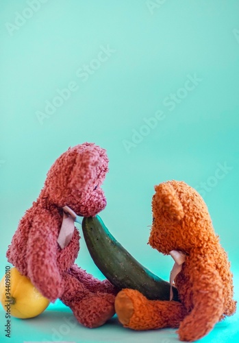 Two teddy bears at play. 