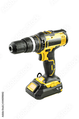 Yellow electric screwdriver on white background