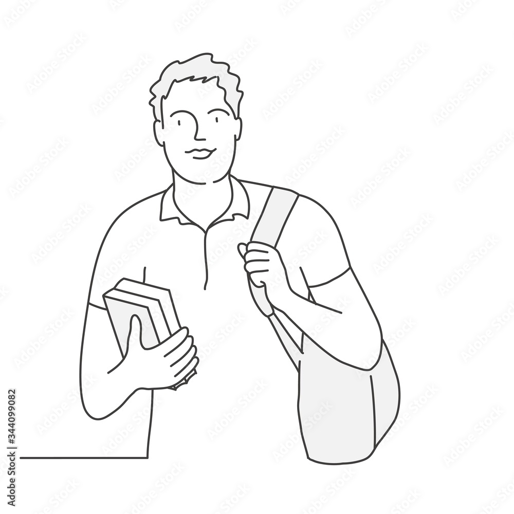 Man with  books and backpack. Contour drawing vector illustration.