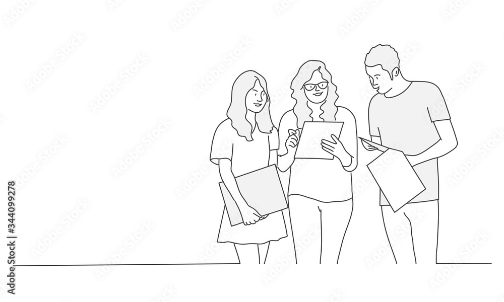 Three students with books. Meeting. Contour drawing vector illustration. Line art. Three students with books. Meeting. Contour drawing vector illustration. Line art.