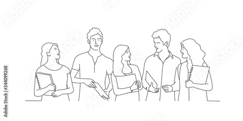 People with books. Meeting.Contour drawing vector illustration. Line art.