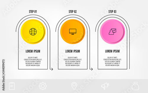 Vector template circle infographics. Business concept with 3 options and labels. Three steps for content, flowchart, timeline, levels