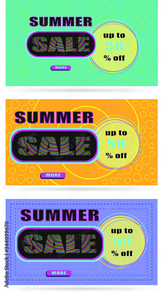 Set of 3 summer sale banners. Up to 50 % off advertising discount banner template for online shop and mobile store application. Public Relation Ads promo poster. Vector illustration. EPS 10
