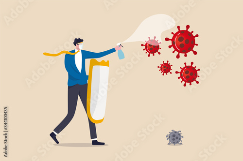 Business company to fight and thriving in Coronavirus outbreak COVID-19 economic crisis concept, businessman leader full protective gear holding strong shield and disinfectant spray fight with virus.