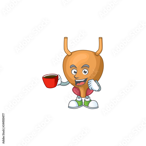 An image cartoon character of bladder with a cup of coffee