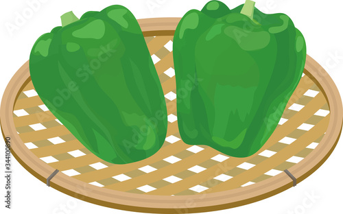 Two bell peppers on a basket.