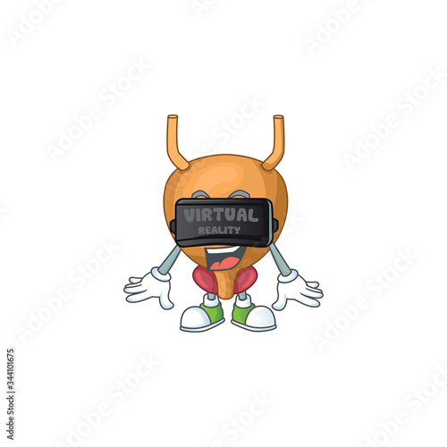 A cartoon mascot of bladder enjoying game with Virtual reality headset