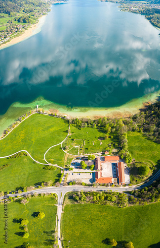 Lake Tegernsee in the Bavarian Alps. Aerial Drone Panorama Shot. Spring photo