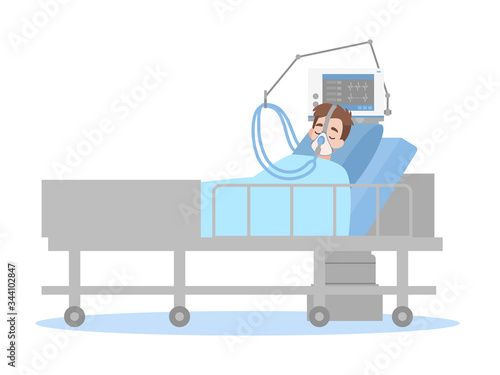 A Man is lying on a bed in a hospital room  The patient connected to a ventilator In a flat cartoon style  Healthcare concept.