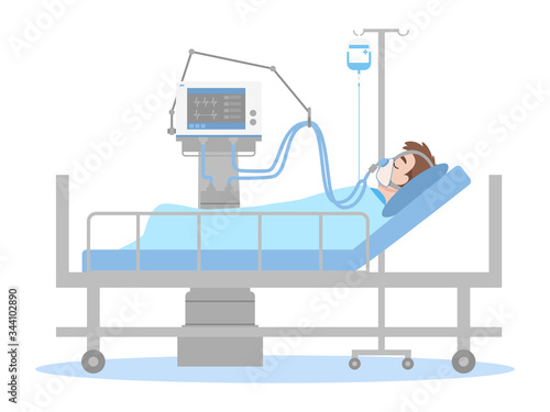 A Man is lying on a bed in a hospital room, The patient connected to a ventilator In a flat cartoon style, Healthcare concept.