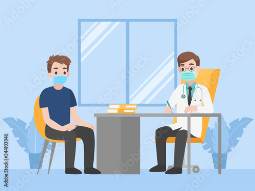 Man see doctor for check himself, Doctor consulting male patient, People wear face mask surgical protective Medical mask for prevent coronavirus. Health care concept.