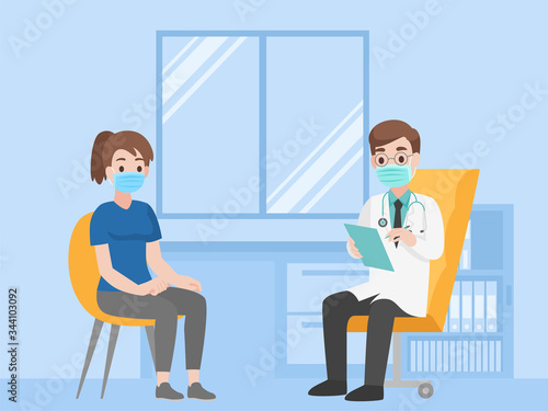 Woman see doctor for check herself, Doctor consulting female patient, People wear face mask surgical protective Medical mask for prevent coronavirus. Health care concept.