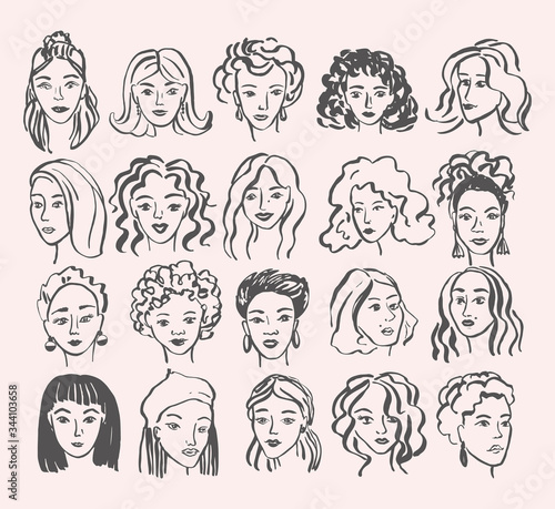Hand drawn face collection. Trendy woman face set with abstract line shapes, minimal girl face. Vector stylized design illustration