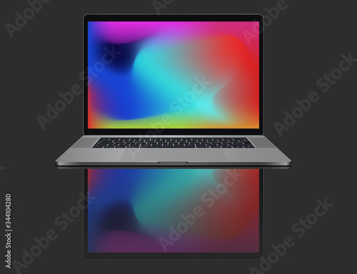 Laptop with modern and colorful screen design and screen reflection. 