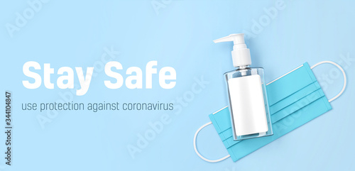 Hand sanitizer gel in a plastic mini pump bottle and surgery mask. Use protection against Coronavirus .