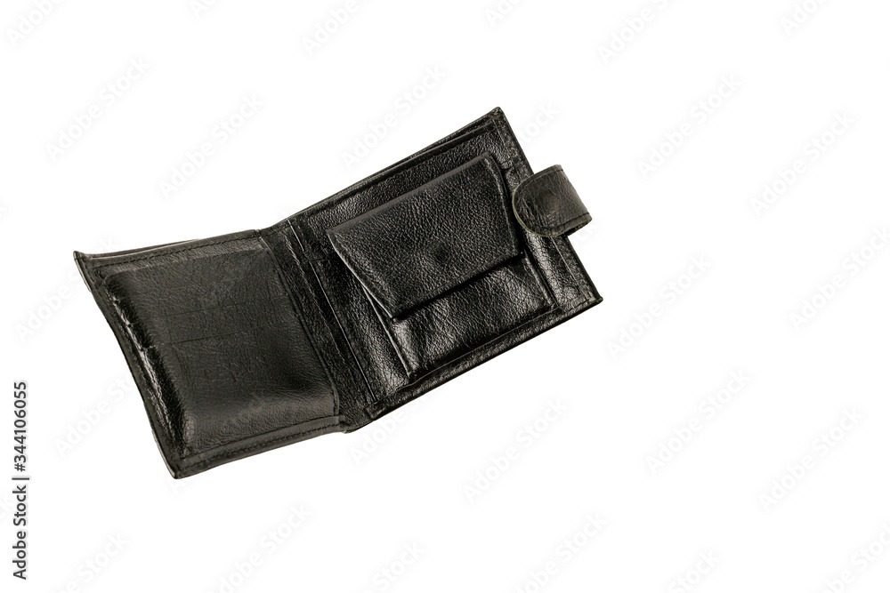 A opened empty black wallet as symbol financial problem jobless, bankruptcy isolated on white background. World economic crisis. concept. Copy space for text A opened empty black wallet as symbol financial problem jobless, bankruptcy isolated on white background. World economic crisis. concept. Copy space for text