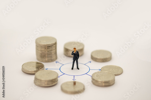 Business and direction concept. Businessman miniature figure standing on white paper and center of circle with multiple arrows point to many direction with stack of coins.