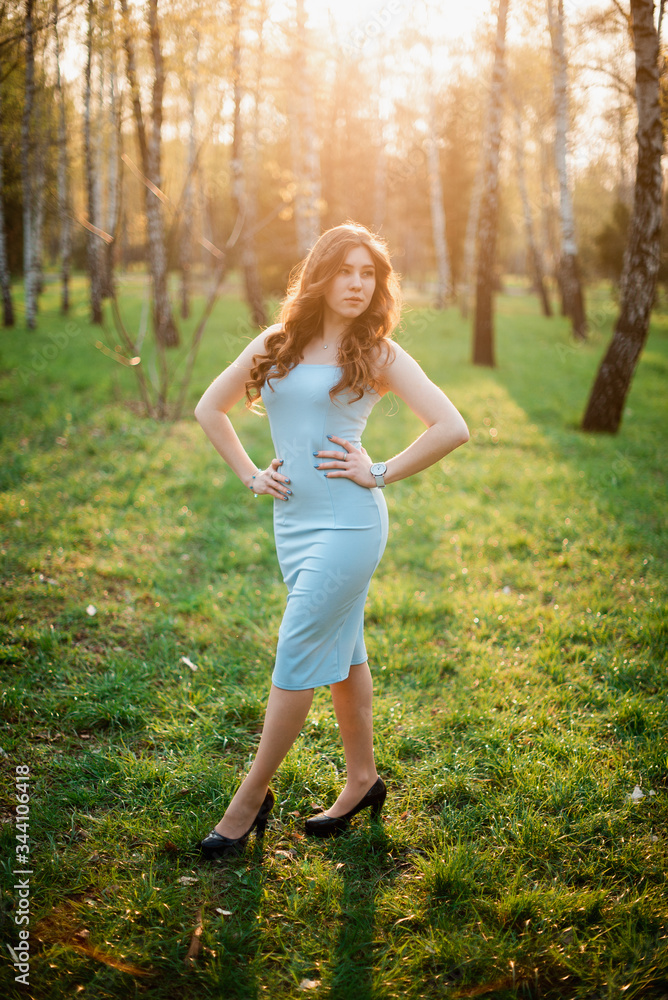 Beautiful young girl in a blue dress in a spring park Beautiful young girl in a blue dress in a spring park