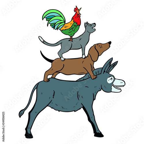 a rooster, a cat, a dog and a donkey stand on each other and sing. laugh, animals, pyramid, fable, cartoon.