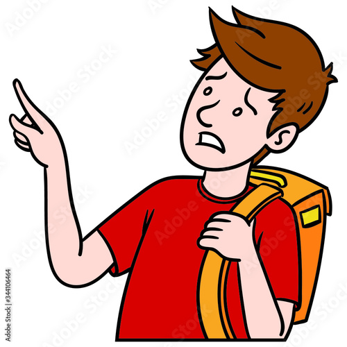 a schoolboy with a backpack points a finger and looks worried. comic, isolated, avatar.
