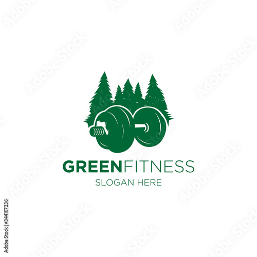 green fitness logo with barbell and tree