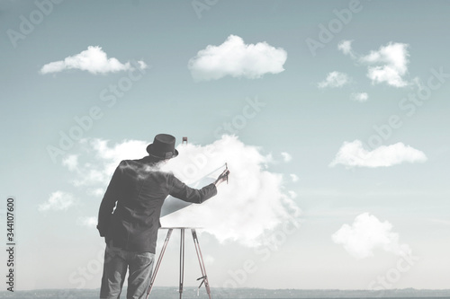clouds creator, man painting many clouds shapes, surreal concept