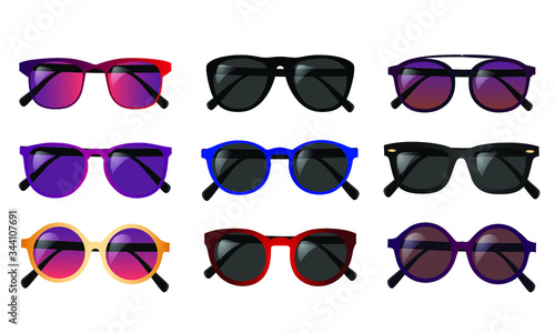 Set of realistic glasses, gradient and plain lenses, bright frames, vector illustration on a white background 