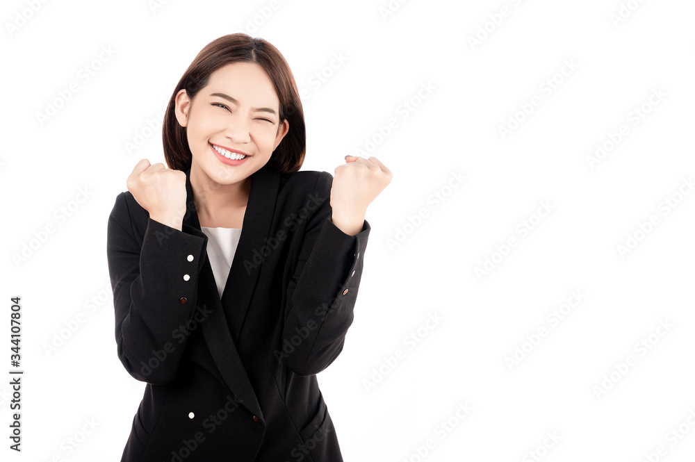 Asian businesswoman with black suit pretent glad pose in white isolated background. Smart, confident, business, presenter concept. Asian businesswoman with black suit pretent glad pose in white isolated background. Smart, confident, business, presenter concept.