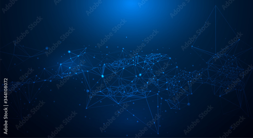 Vector illustration molecule,Connected lines with dots,technology on blue background. Abstract internet network connection design for web site.Digital data,communication,science and futuristic concept