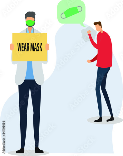 Doctor holding cardboard written "Wear Mask" while his patient coughing