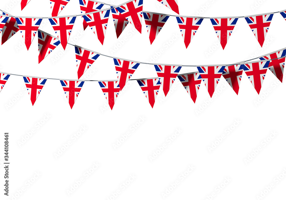 United Kingdom flag festive bunting against a plain background. 3D Rendering