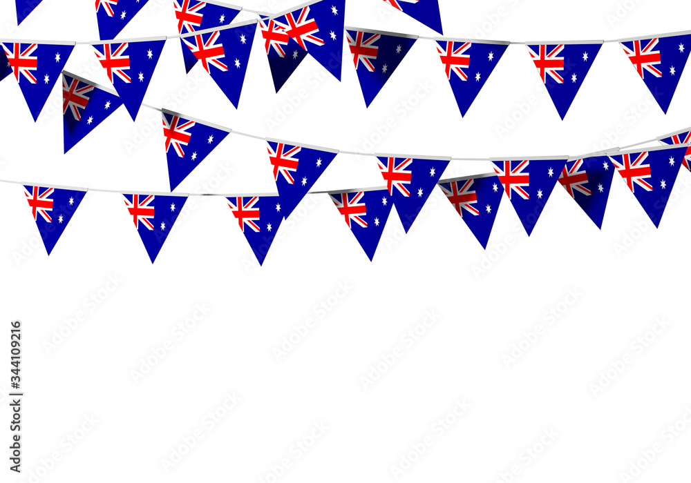 Obraz premium Australia flag festive bunting against a plain background. 3D Rendering