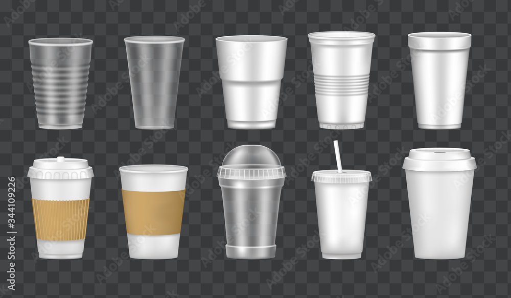 Set of empty transparent realistic cup glasses. Mockup paper, plastic disposable 3D glasses takeaway for cold and hot drinks. Container plastic cup mockups for juice, tea, coffee vector illustration. Set of empty transparent realistic cup glasses. Mockup paper, plastic disposable 3D glasses takeaway for cold and hot drinks. Container plastic cup mockups for juice, tea, coffee vector illustration.