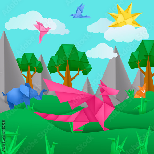 Paper origami animals landscape application paper background