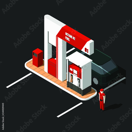 Isometric Vector Illustration of a single unit gas pump, an employee, and a car.