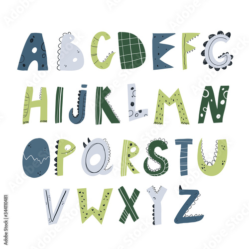 Vector doodle hand-drawn colored dino alphabets . Children's poster with a cute Scandinavian style alphabet.Lovely letters. Lettering. Nursery poster with colored hand drawn letters. Abc.
