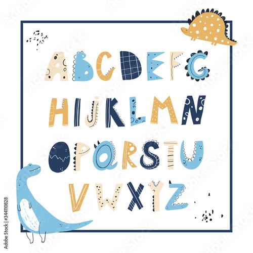 Vector doodle hand-drawn colored dino alphabets . Children's poster with a cute Scandinavian style alphabet.Lovely letters. Lettering. Nursery poster with colored hand drawn letters. Abc.
