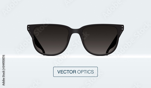 Classic shape black sunglasses, lying on a shelf. Elegant eyewear isolated on a white background. Vector illustration.