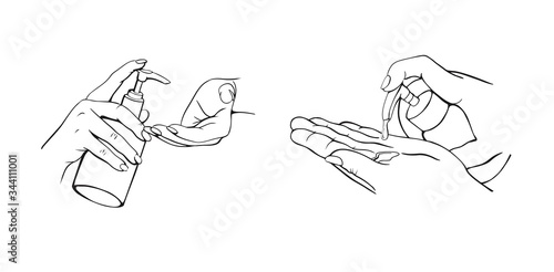 Disinfection of hands. Hand-drawn vector illustration . alcohol gel bottle for cleaning and disinfection. Hand press disinfectant. Vector illustration