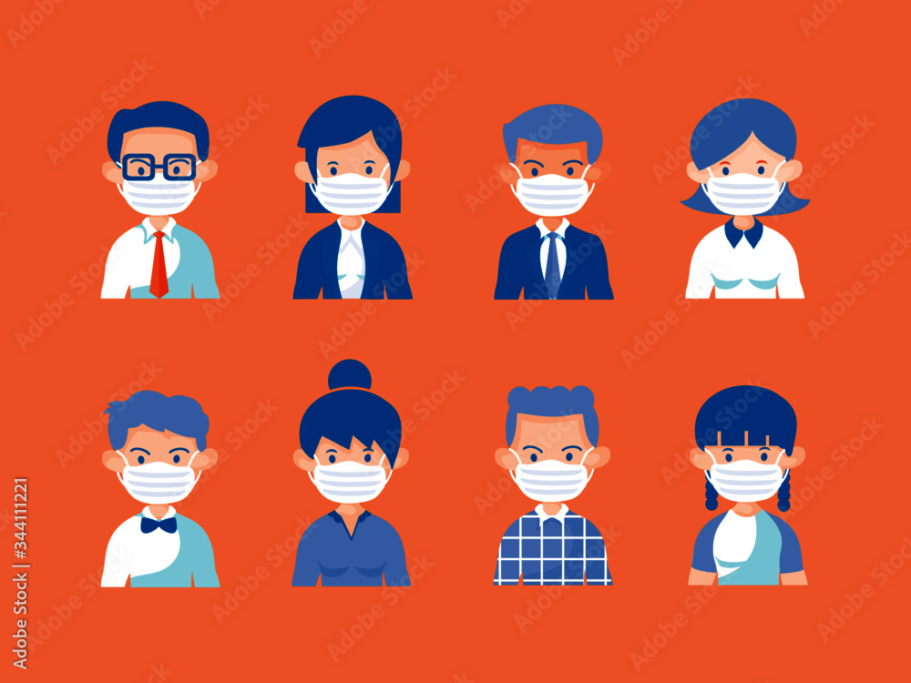 People cartoon set use medical mask to protect from virus number 2 in flat design illustration People cartoon set use medical mask to protect from virus number 2 in flat design illustration