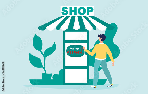 COVID 19. We're open. Man opens a shop after quarantine, lockdown. Economic recovery after coronavirus. Flat vector illustration in a cartoon style.