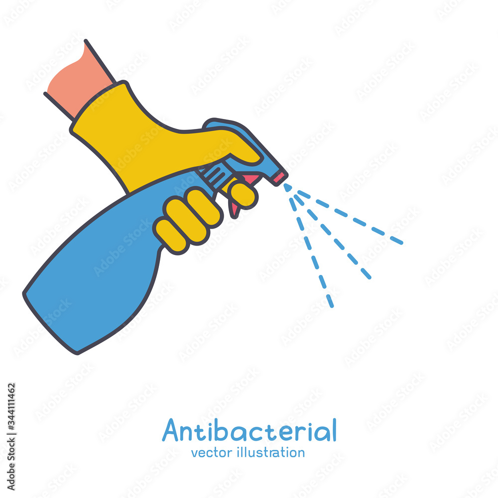 Black line icon antiseptic spray. Hands in gloves hold bottle with a pump. Antibacterial flask kills bacteria. Disinfectant concept. Vector glyph style. Coronavirus precaution. Cleaning with alcohol.