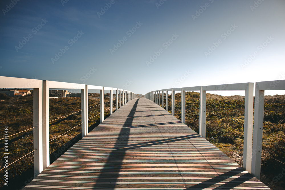 Ecovia Litoral Norte (North Coast Ecoway) wooden boardwalk in Esposende, Portugal.