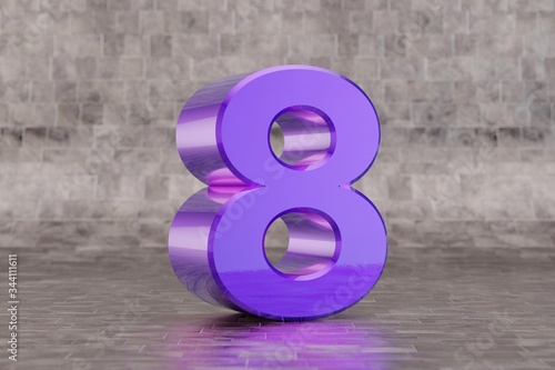 Violet 3d number 8. Glossy indigo number on tile background. 3d rendered font character.