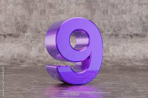Violet 3d number 9. Glossy indigo number on tile background. 3d rendered font character.