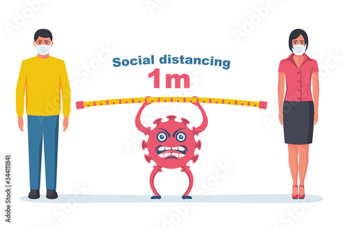 Landing page social distancing. Concept social awareness. Keep distance of 1 meter. Man and woman in protective masks. Coronavirus Prevention covid-19. Vector illustration flat design.