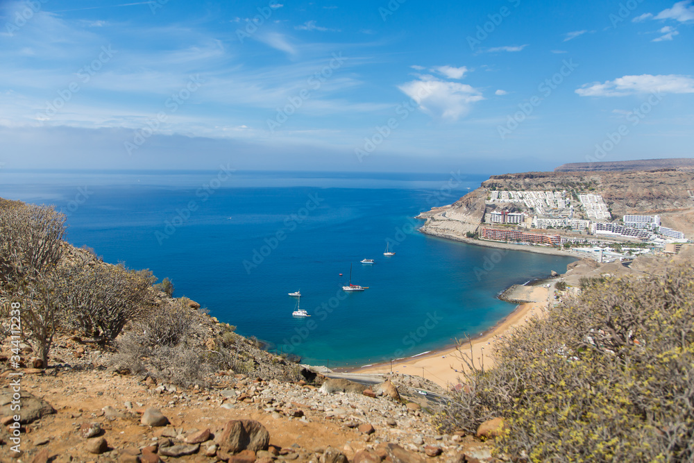 Beautiful view of a beach on Gran Canaria island. Magical beach view from above