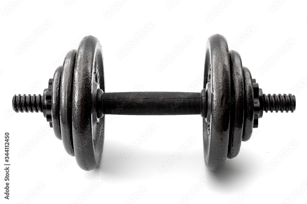 Fototapeta premium Muscular hypertrophy, physical activity and muscle gain concept with dumbbell isolated on white background with clipping path cutout