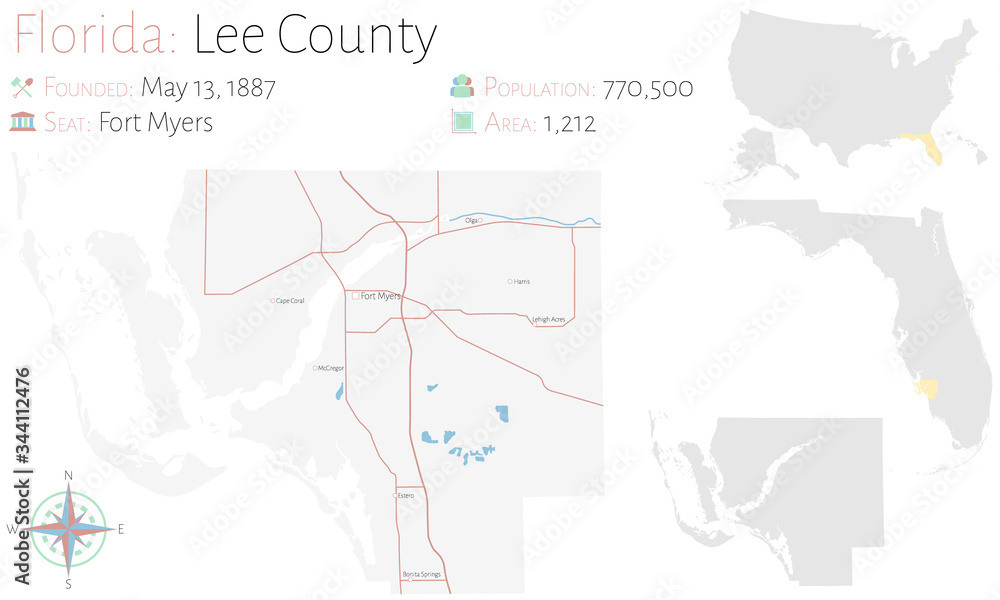 Large and detailed map of Lee county in Florida, USA.